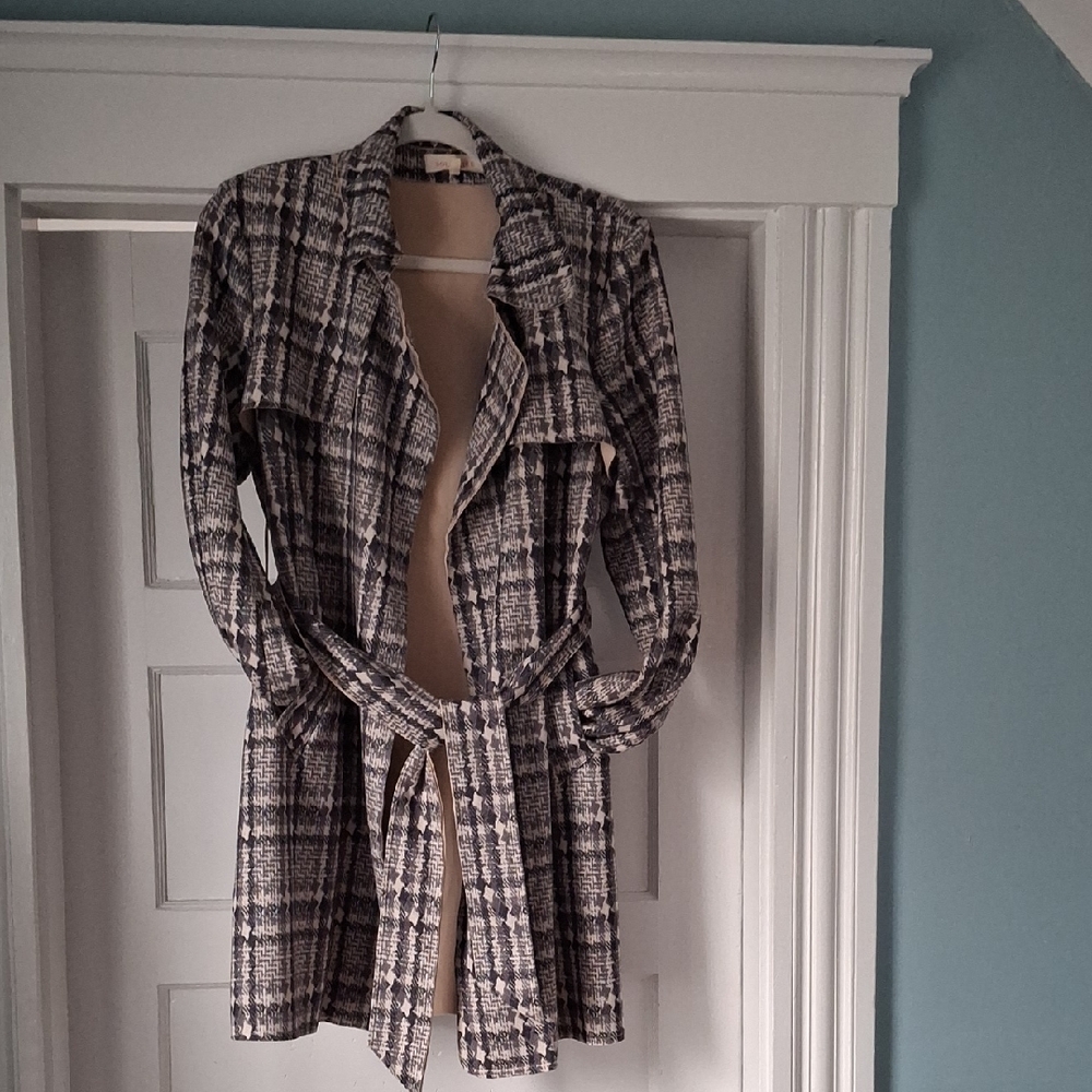 Solitaire Neutral Plaid Tie-Waist Trench Coat